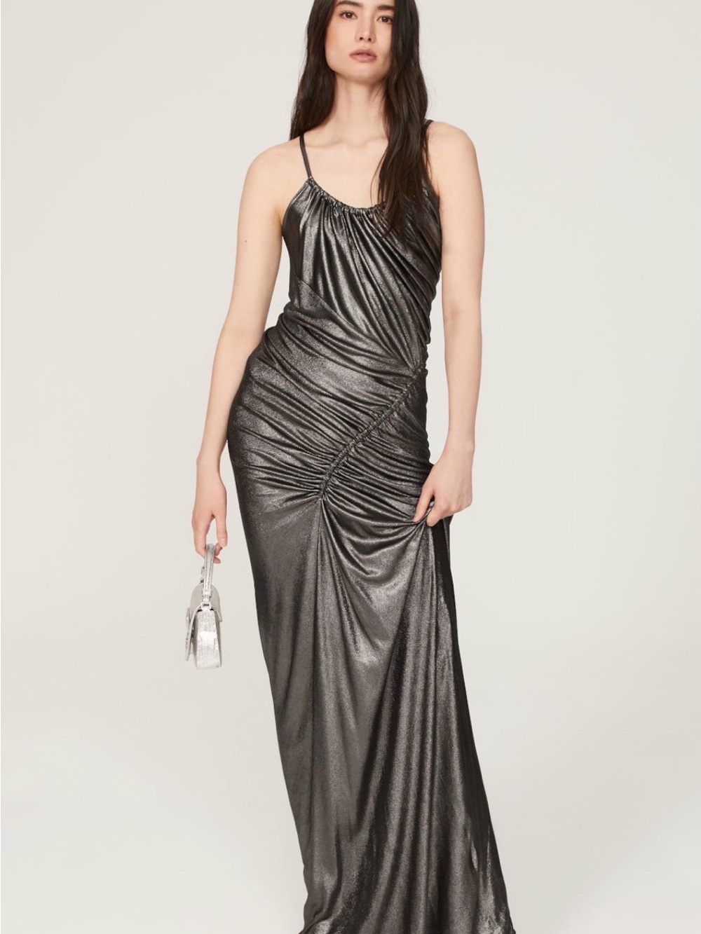 Ruched Metallic Charcoal Maxi Slip Dress